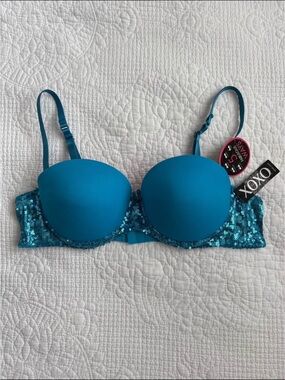 Vintage Y2K XOXO Teal Sequin Push-Up Strapless Balconette Bra